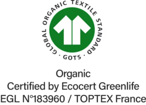 Certificado GOTS (Global Organic Textile Standard) emitido por Ecocert Greenlife. Garantia de utilização de fibras biológicas.